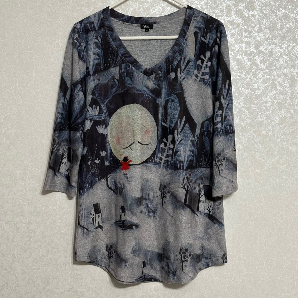 Shana Whimsical Moon Forest Graphic Print 3/4 Sleeve V-Neck Top Grey Blue S